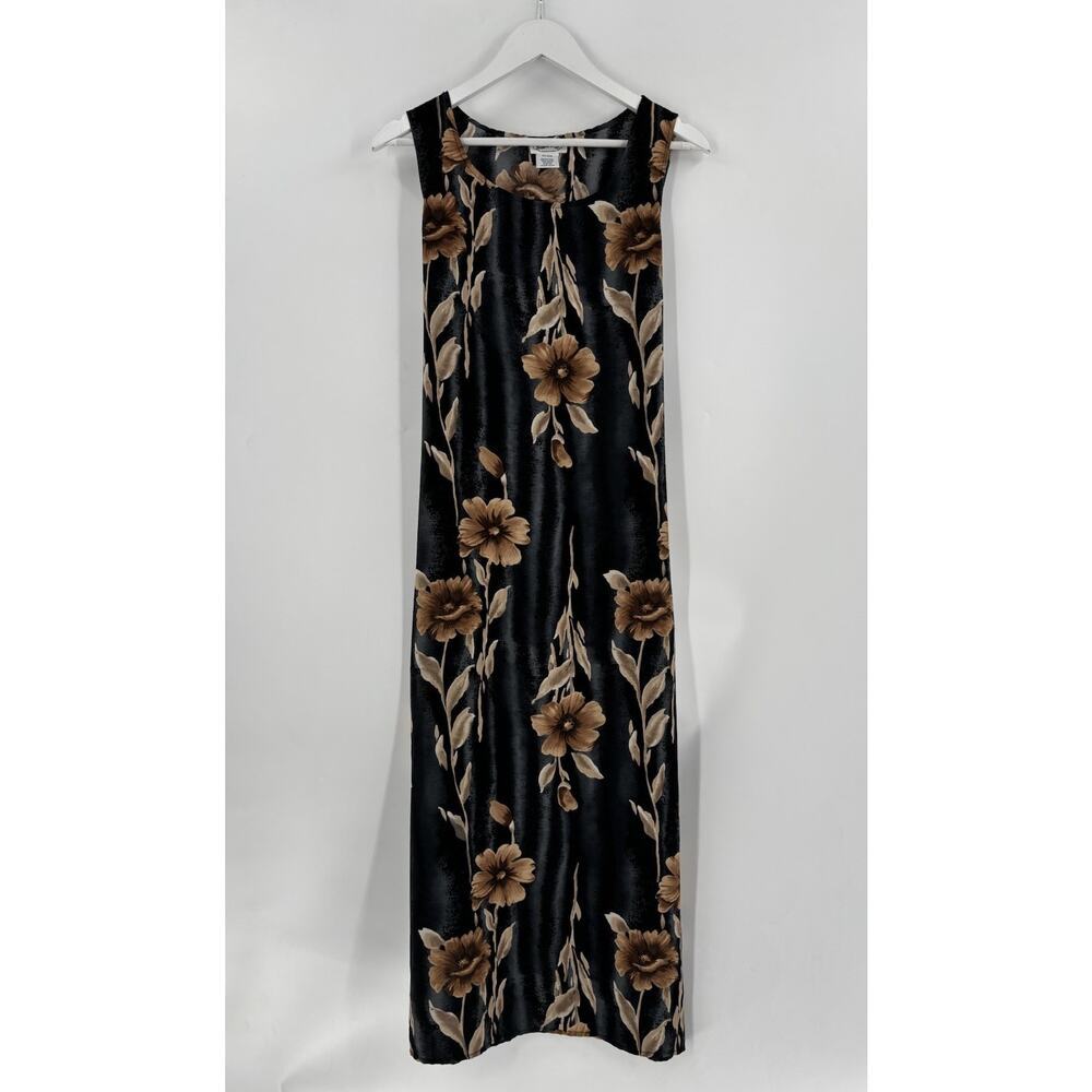 Rolling Over Vintage Maxi Dress Womens Large Black Beige Floral Sleeveless Belt